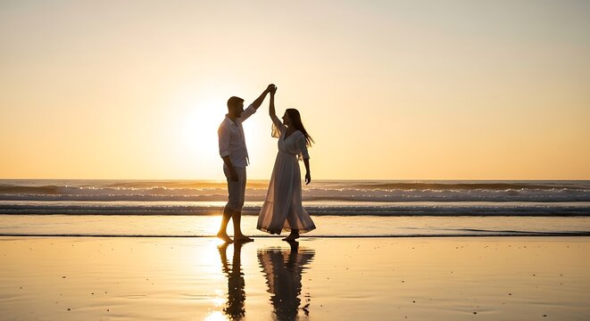 Couple dances on beach during sunset, hands held up, with reflection in wet sand
