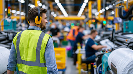 Fototapeta premium Wide angle view of a busy factory floor with a worker in ear protection and a fluorescent safety vest walking between heavy industrial machines, coworkers operating equipment under bright production