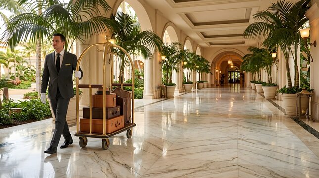 Hotel bellhop pulling luggage cart in a luxury resort corridor