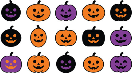 Fototapeta premium Halloween pumpkin icon set with spooky carved jack o lantern faces in orange black and purple colors