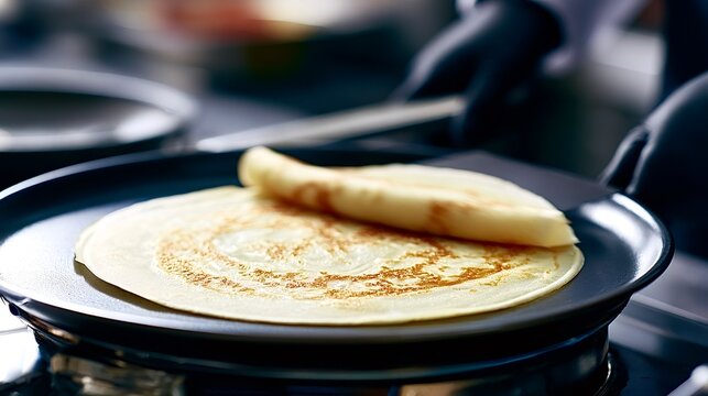 Professional chef preparing crepe on hot pan