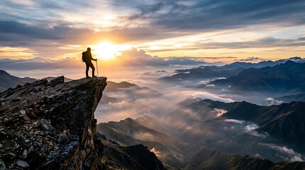 Obraz premium A lone hiker stands triumphantly on a rugged mountain peak, overlooking a breathtaking panorama of misty valleys and distant ranges bathed in the warm glow of a sunrise.