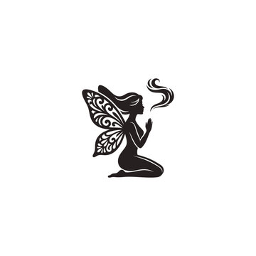 Kneeling Fairy with Wings Blowing Magic Dust Vector Silhouette