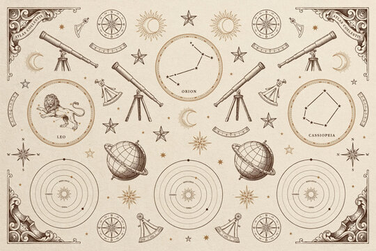 Astronomical chart featuring vintage telescopes, celestial globes, constellations, zodiac signs, and planetary orbits on aged parchment paper