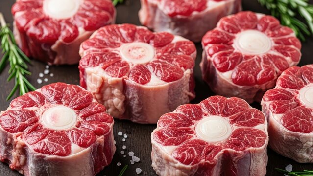 Close-up of raw, cross-cut meat with bone marrow visible, garnished with herbs and salt
