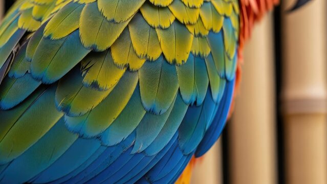 Close-up of vibrant parrot feathers, showcasing a spectrum of blues, yellows, and greens