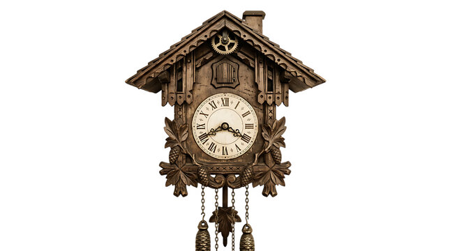 A traditional wooden cuckoo clock with intricate hand-carved leaf details, roman numerals on the dial, and hanging pine cone weights on chains isolated on a transparent background