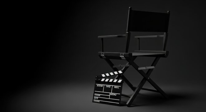 Professional Black Director's Chair with Movie Slate Clapperboard in a Minimalist Studio Setting