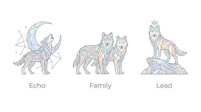 Clean minimal vector line-art infographic icon set featuring a wolf howling at a geometric moon, two wolves side-by-side with overlapping line patterns, and an alpha wolf standing proud on a d...
