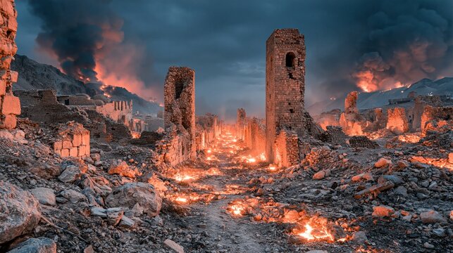 Fresh ruins and collapsed stone walls of an ancient Canaanite city immediately after battle, with smoke, shattered gates, and debris reflecting the biblical conquest described in the Book of Joshua.