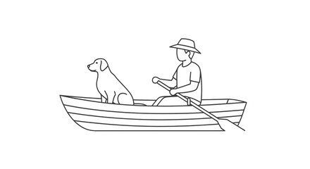 Man and dog rowing in a small boat together. © Bate