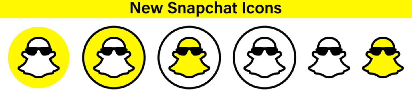 Snapchat application social media vector icons rendered in yellow, black, and white circular badges.