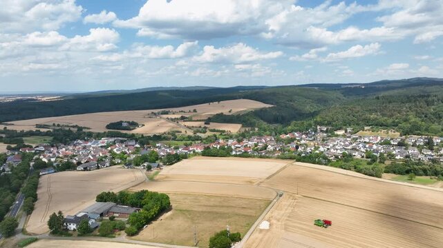 Aerial view of German rural landscape - agricultural fields and village