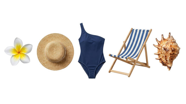Tropical vacation essentials flower hat swimsuit beach chair and seashell isolated on transparent background