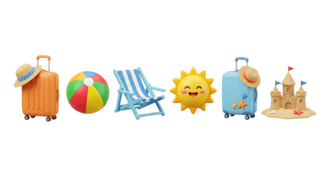 Summer vacation elements suitcases beach ball chair sun and sandcastle isolated on transparent background
