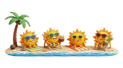 Naklejka premium Four smiling sun characters relaxing on a beach isolated on transparent background