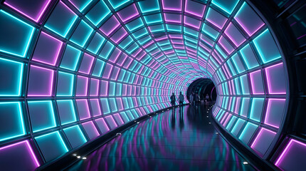 Fototapeta premium Dynamic tunnel of curving frosted glass squares illuminated by vibrant cyan and magenta neon edge-lighting, sleek futuristic commercial 3d render, 8k resolution.