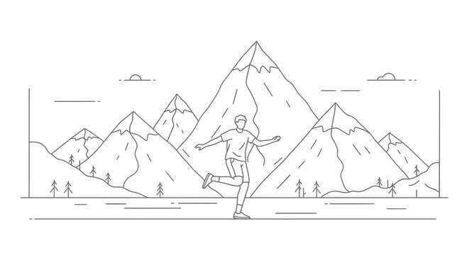 Runner in motion with mountain backdrop illustration.