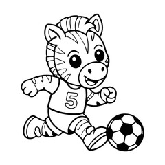 Obraz premium Black and white outline illustration of a cartoon zebra playing soccer, uncolored line art coloring page designed for children to color in themselves.