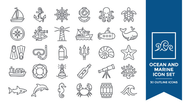 Ocean and marine icon set, nautical symbols for sea travel and underwater