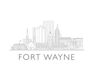 Fototapeta premium Fort Wayne, Indiana, skyline, USA. Urban cityscape with landmarks and monuments. Hand drawn line art digital skyline illustration.