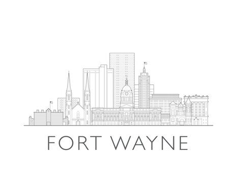 Fort Wayne, Indiana, skyline, USA. Urban cityscape with landmarks and monuments. Hand drawn line art digital skyline illustration.