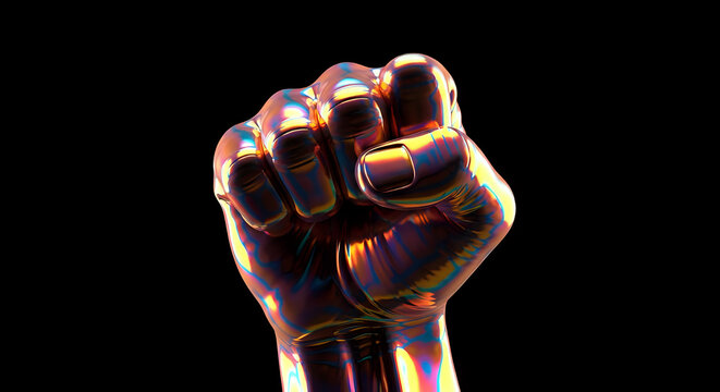 Metallic robot fist raised in victory or protest against black background with metallic strength technology