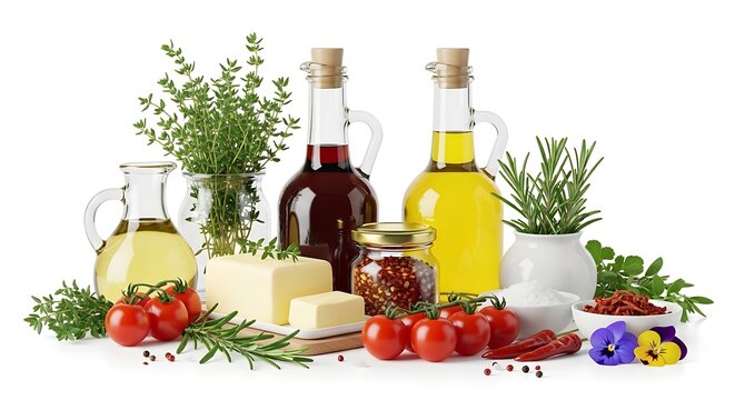 Culinary ingredients like oils, herbs, tomatoes, butter, spices, and salts arranged aesthetically