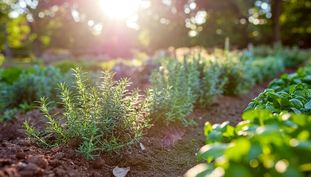 Sunlit organic herb garden with fresh green plants in soil