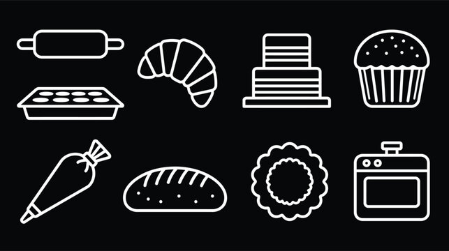 Bakery icon vector set with delicious pastry baking tools