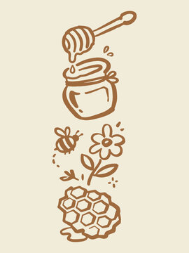 Honey Bee and Honeycomb Hand Drawn Vertical Vector Illustration