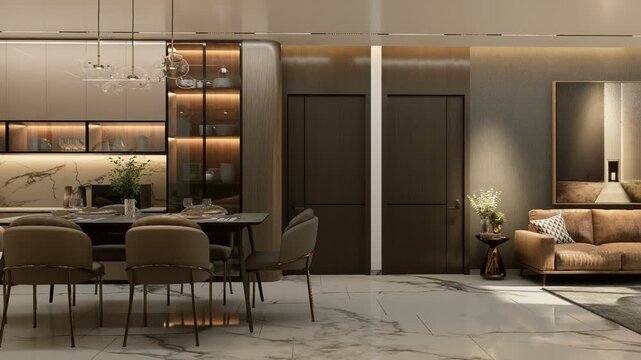Luxury Modern Living Room Interior with Contemporary Furniture Open Plan Dining Area Home Office Space Large Windows Elegant Apartment Design and Natural Light