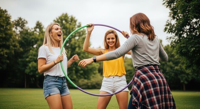 Cheerful Group of Young Female Friends Having Fun and Playing with Hula Hoops in a Lush Green Park