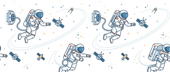 Astronauts and satellites floating in space, seamless pattern, vector illustration © Tora