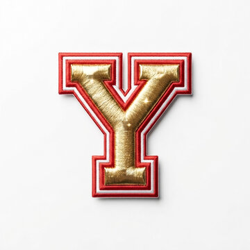 Close-up of a gold embossed letter Y with red border, high contrast, studio lighting, isolated white background, professional emblem design for logos and branding applications.