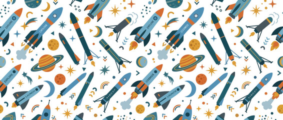 Seamless Space Rocket Pattern: Planets, Stars, and Moon © Tora