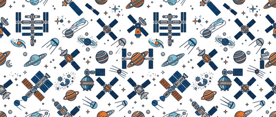 Space Exploration Pattern: Satellites, Planets, and Stars in Vector Art © Tora