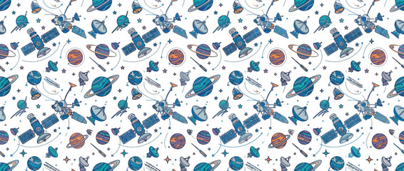 Space Exploration Pattern: Satellites, Planets, Stars, Rockets, and Comets © Tora