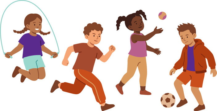 Children playing sports and games together outdoors
