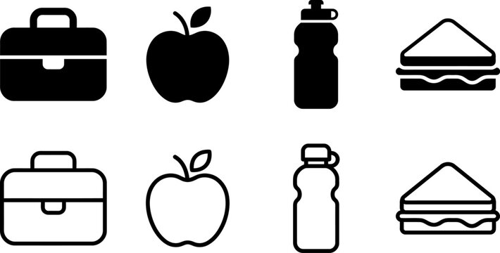 Black and white icons for lunch and healthy eating options