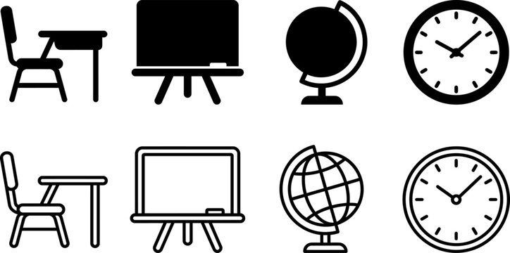 School supplies and classroom equipment icons in black and white