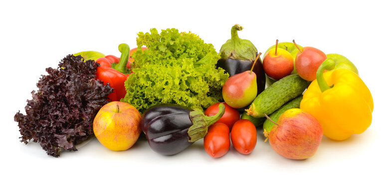Vibrant Mix of Fresh Organic Vegetables and Ripe Fruits Isolated on White. Healthy Eating Vegan Groceries Group with Space.