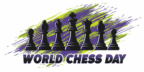 Chess Pieces Illustration With Purple And Green Brushstroke Background © ShambhuNath