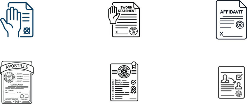 Set of legal document and notary certificate icons with affidavit sworn statement and apostille certification symbols Vector