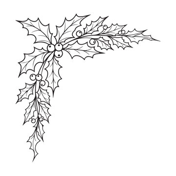 Holly branch with leaves and berries line art illustration corner border for Christmas holiday decoration
