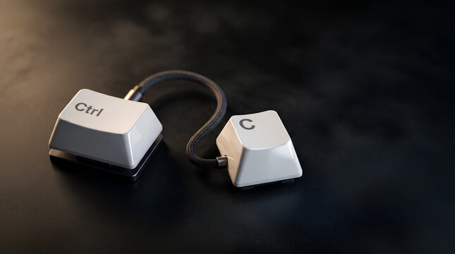 A conceptual image showing a Ctrl key connected by a wire to a C key, representing the copy function.