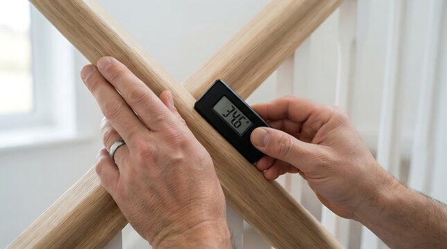 Digital moisture meter measuring moisture content within wooden staircase railing at home construction site