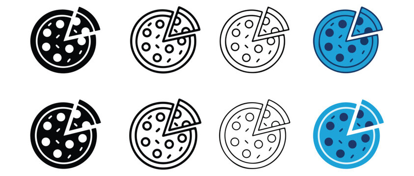 pizza slice icons with missing portions in various colors isolated on transparent background