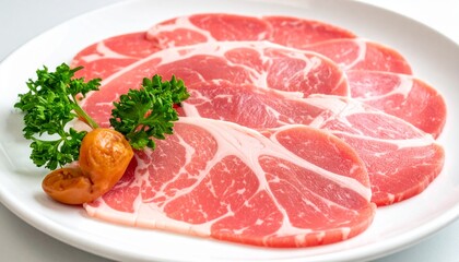 Fototapeta premium Pork slices on the plate for the shabu on top view