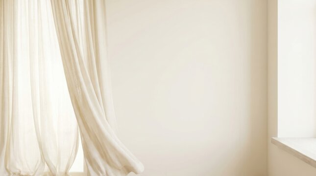 A bright and airy room interior featuring soft white flowing curtains hanging by a window against a clean empty wall